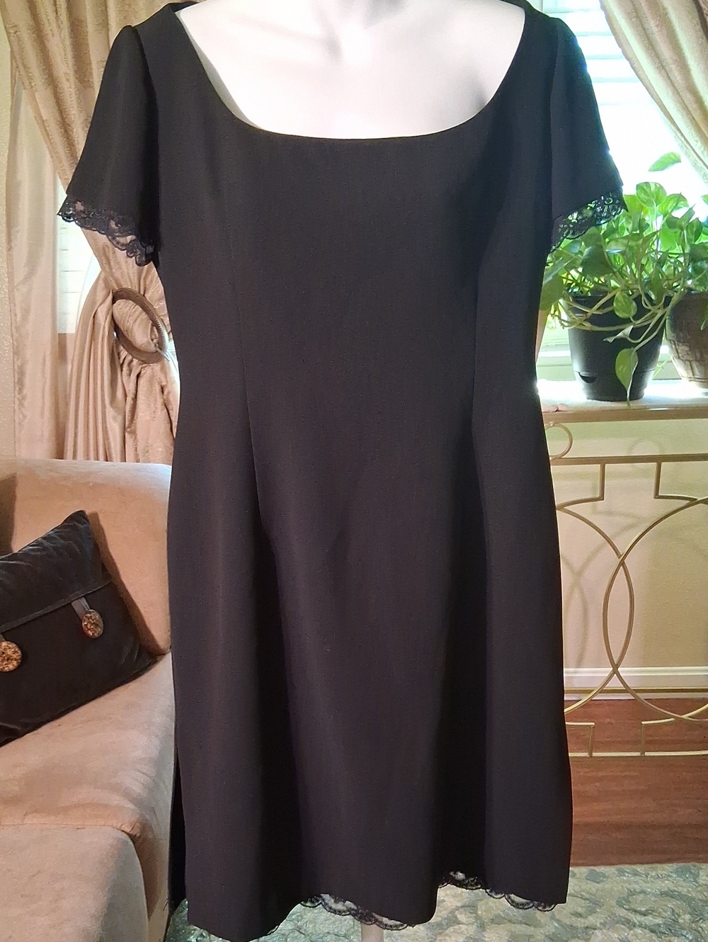 Tahari Classic Black Short Sleeve Square Neck Dress